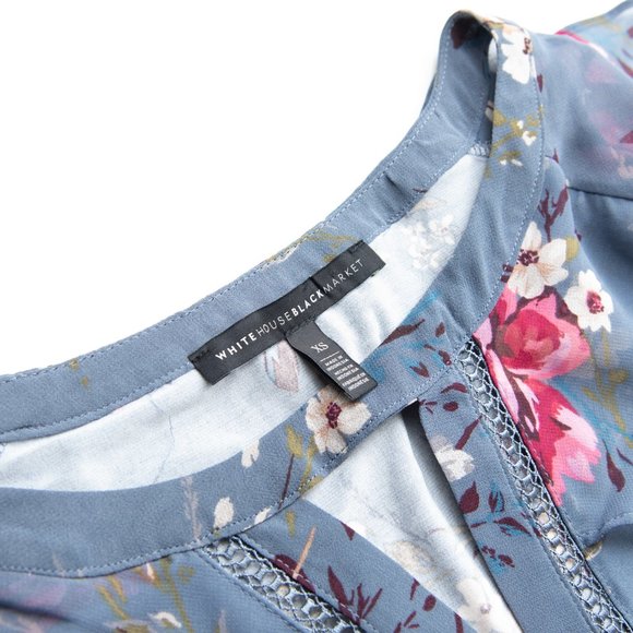 White House Black Market Blouse Tiered Sleeve Top Floral Shirt Blue Pink Size XS - Picture 3 of 7